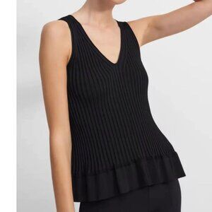 Theory Tank Top Womens Large Black V-Neck Sleeveless Flared Hem Rib Knit Stretch